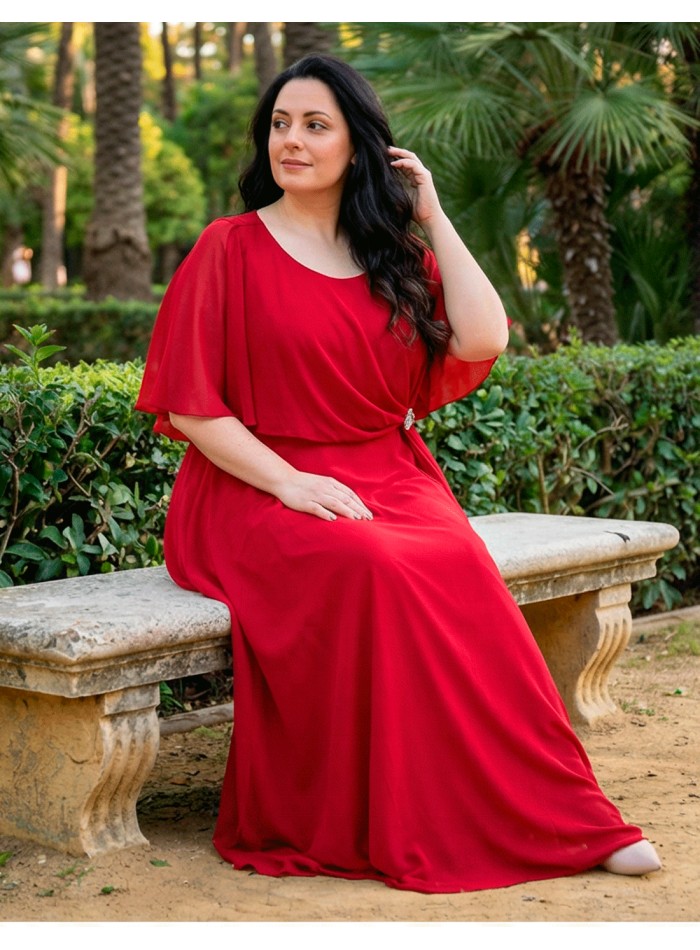 Vestido de Invitada Rojo Largo con Capa y...