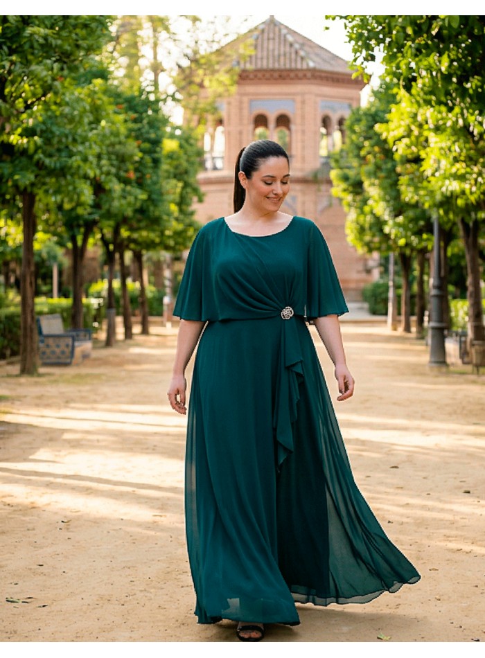 Robe longue d'invité vert bouteille avec cape et broche