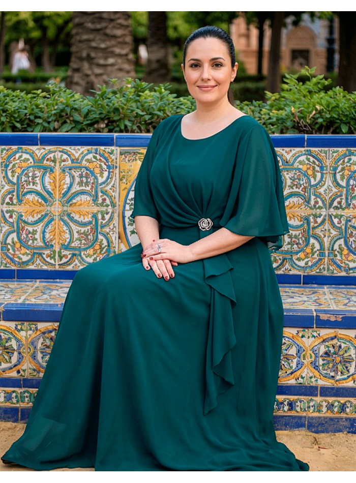 Bottle Green Long Guest Dress with Cape and Brooch