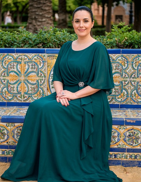 Bottle Green Long Guest Dress with Cape and Brooch