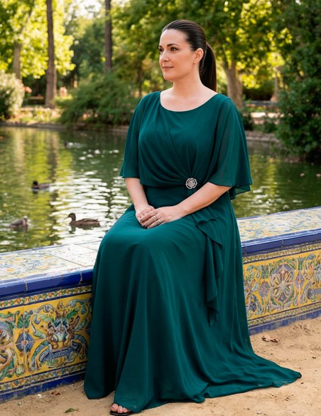 Bottle Green Long Guest Dress with Cape and Brooch