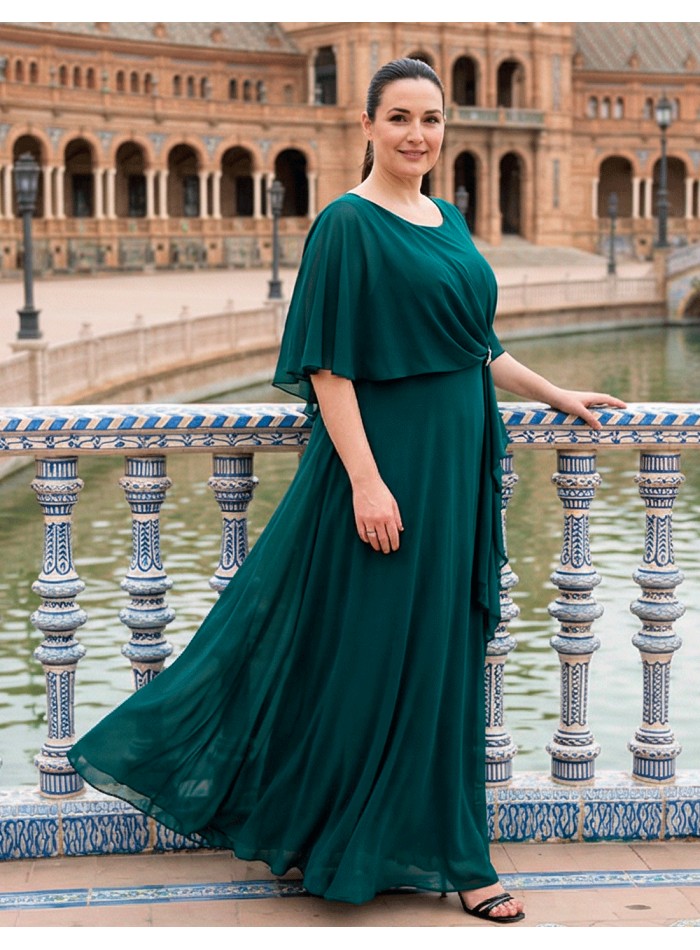 Bottle Green Long Guest Dress with Cape and Brooch