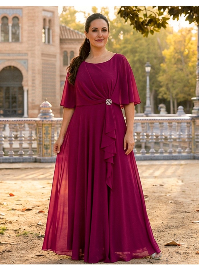 Bougainvillea Long Guest Dress with Cape and Brooch Plus Size Robe d'invité longue avec cape et broche