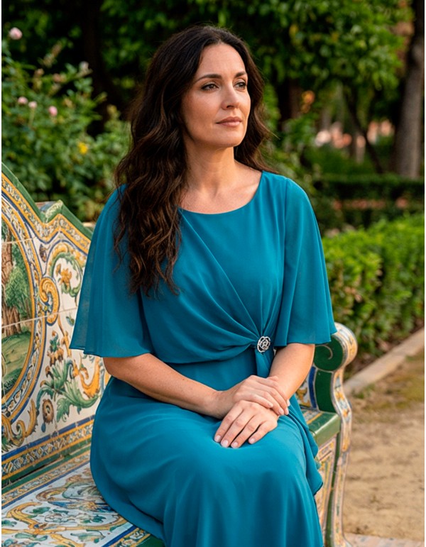 Vestido Talla Grande Azul Petróleo con Capa y Broche 2