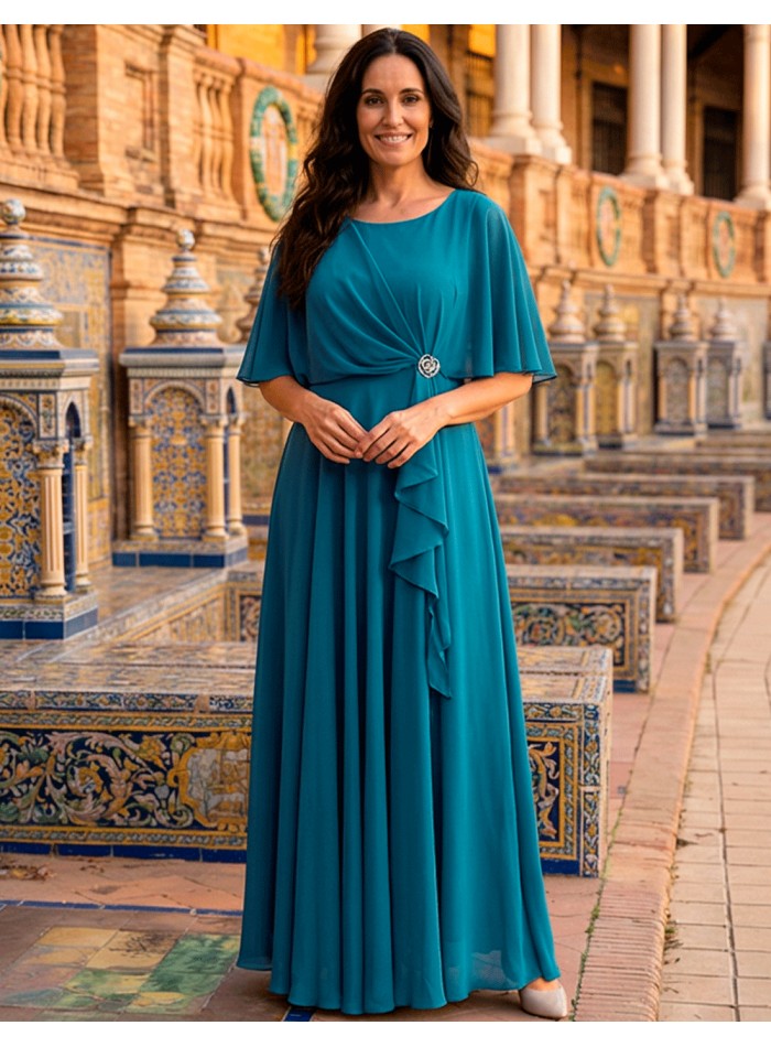 Vestido Talla Grande Azul Petróleo con Capa y Broche