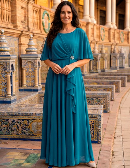 Vestido Talla Grande Azul Petróleo con Capa y Broche