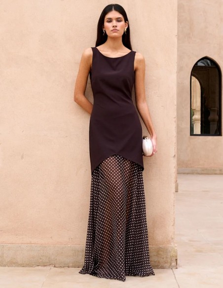 Brown long guest dress with mermaid silhouette and polka dot skirt