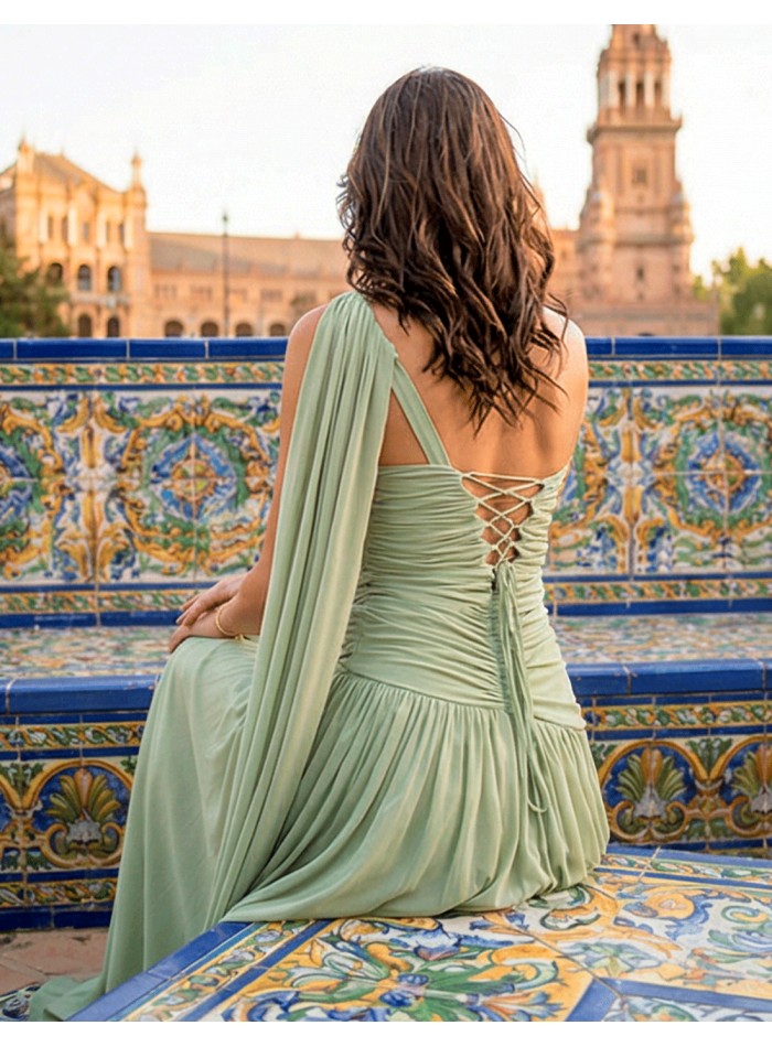 Pastel Green Long Dress with Removable Flower...