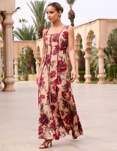 Bougainvillea floral print midi dress with square neckline and square neckline