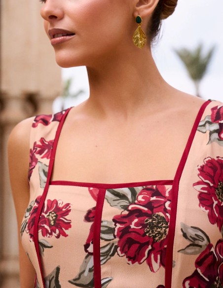 Bougainvillea floral print midi dress with square neckline and square neckline