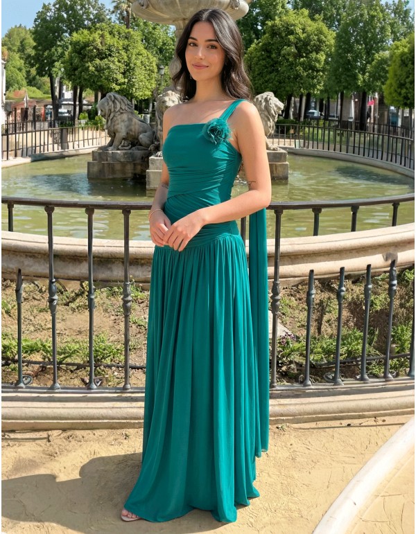 Vestido Largo Verde Petróleo con Flor y Espalda Ajustable