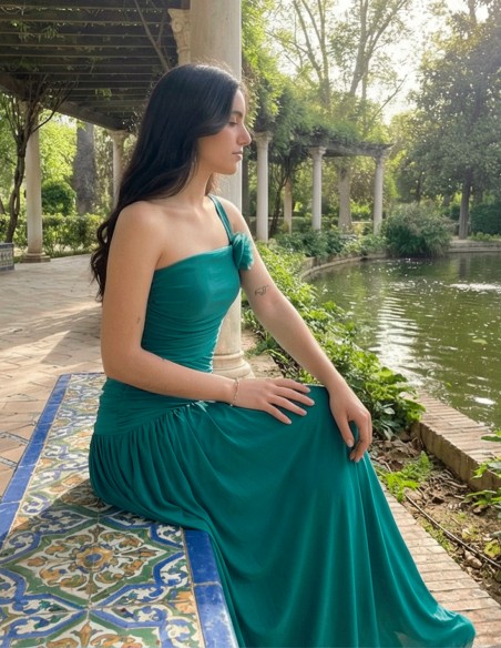 Robe longue à fleurs et dos ajustable en vert pétrole