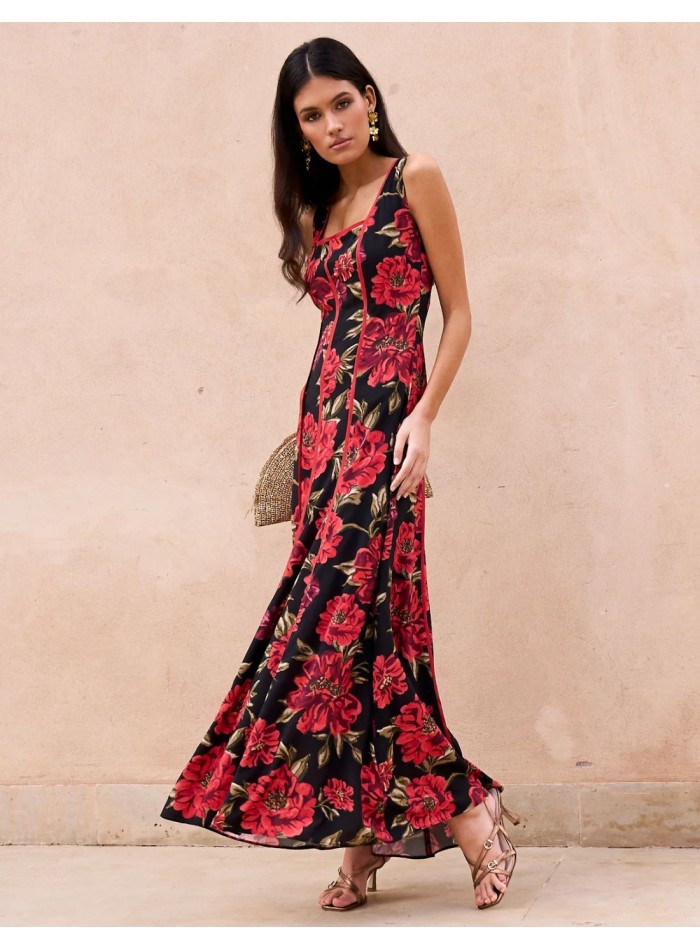 Vestido de invitada midi con estampado floral rojo y escote cuadrado