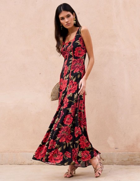 Robe midi d'invité rouge à imprimé floral et encolure carrée