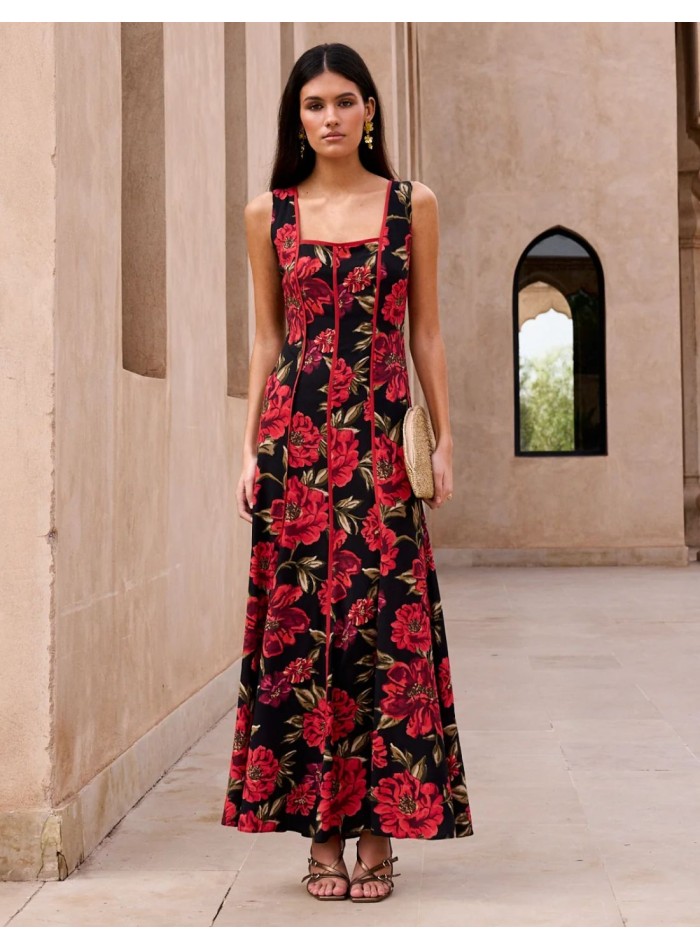 Floral print red midi guest dress with square...