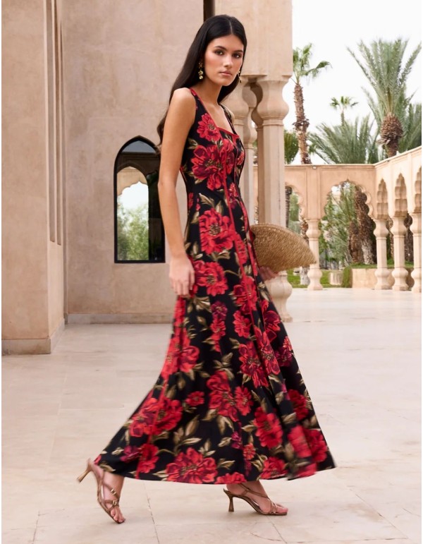 Vestido de invitada midi con estampado floral rojo y escote cuadrado 2
