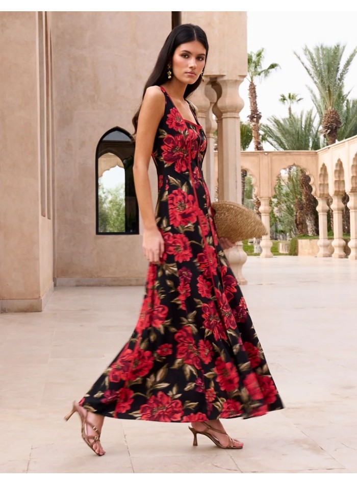 Vestido de invitada midi con estampado floral rojo y escote cuadrado
