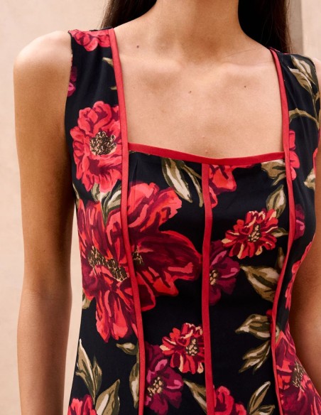 Floral print red midi guest dress with square neckline