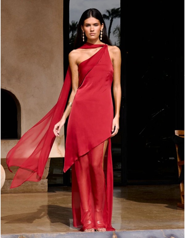 Long red guest dress with asymmetrical neckline and shawl