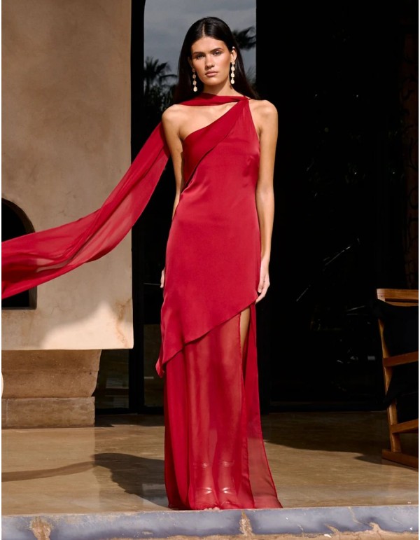 Long red guest dress with asymmetrical neckline and shawl 2