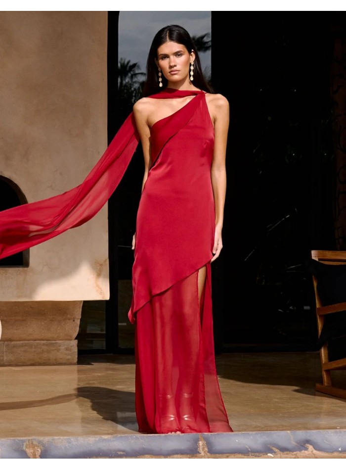 Long red guest dress with asymmetrical neckline...