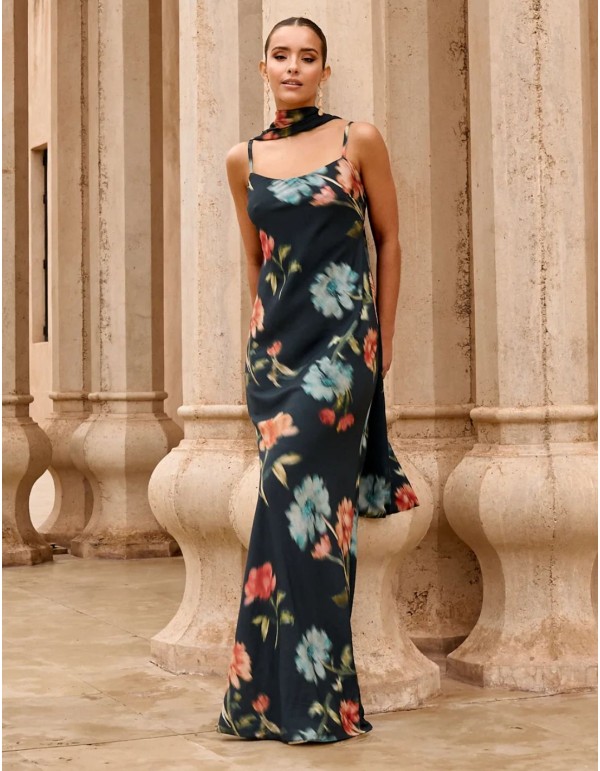 Vestido de invitada largo azul con estampado floral con escote anudado