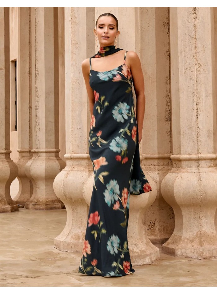 Longue robe d'invité à imprimé floral bleu avec...