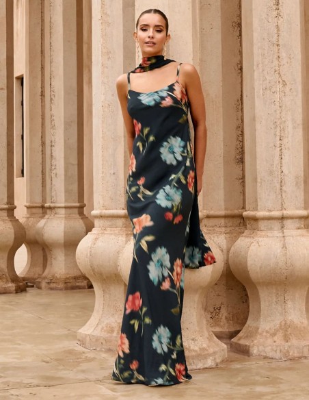 Longue robe d'invité à imprimé floral bleu avec encolure nouée