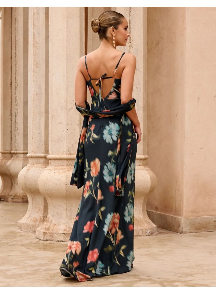 Vestido de invitada largo azul con estampado floral con escote anudado