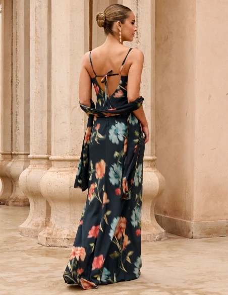 Vestido de invitada largo azul con estampado floral con escote anudado