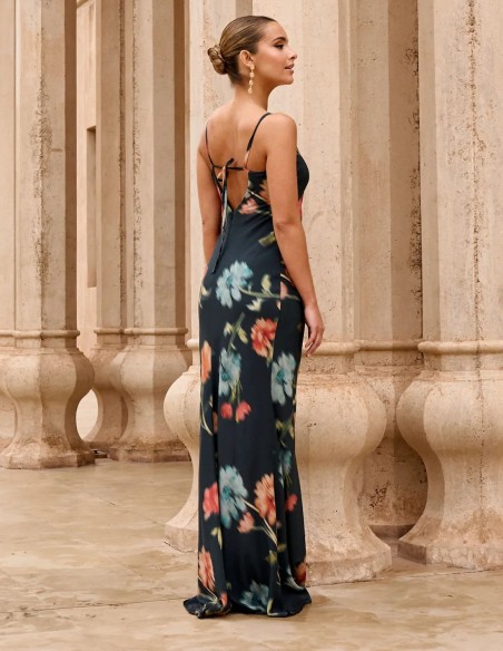 Long blue floral print guest dress with knotted neckline