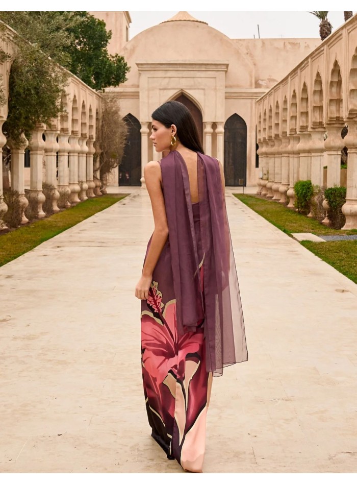 Long satin floral print guest dress