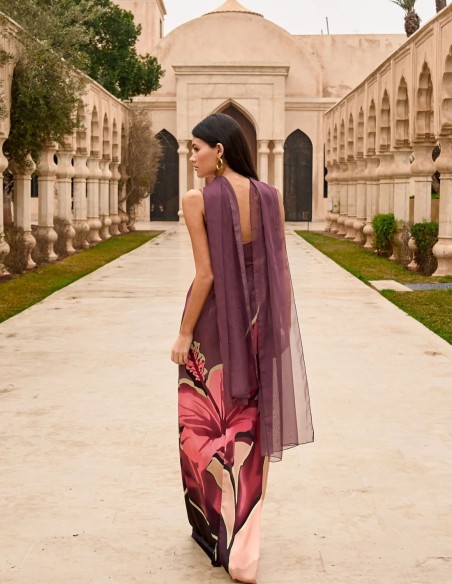 Long satin floral print guest dress