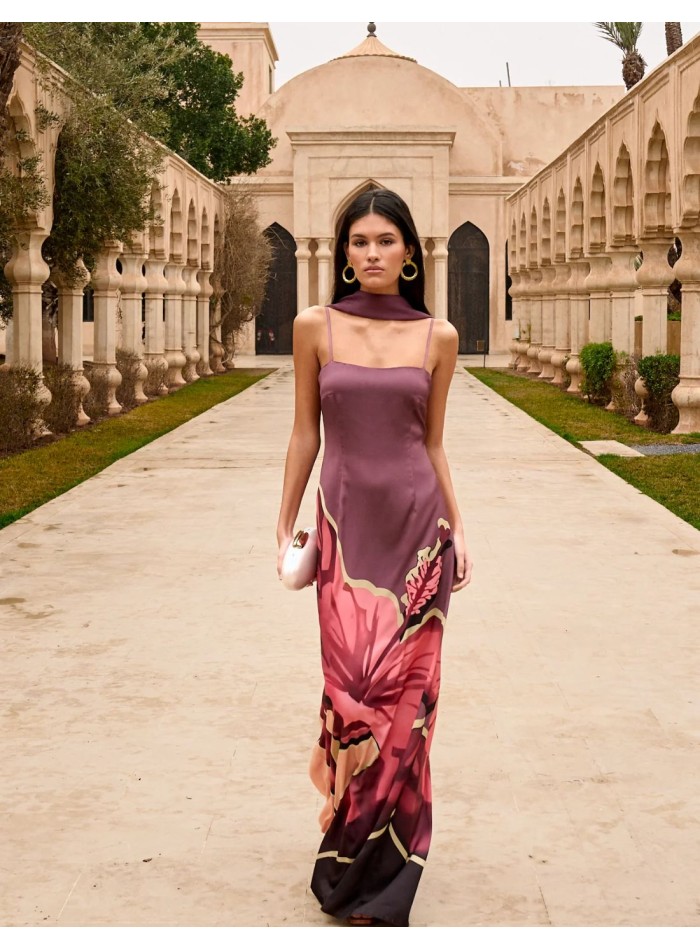 Long satin floral print guest dress