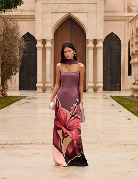 Long satin floral print guest dress