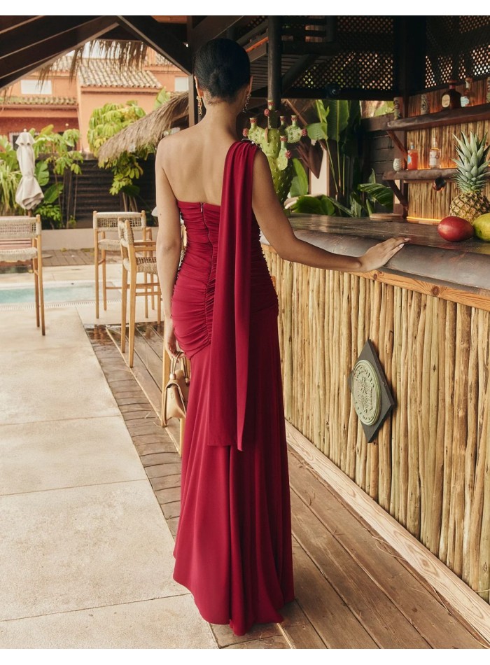 Garnet long guest dress with asymmetric...
