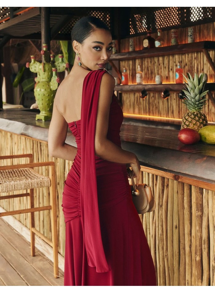 Garnet long guest dress with asymmetric...