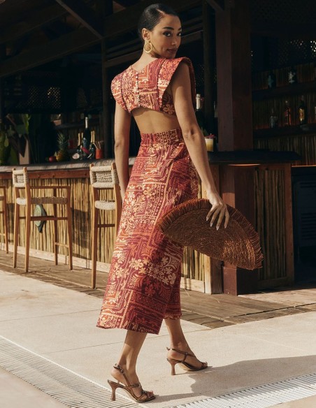 Geometric geometric print midi guest dress in earth tones