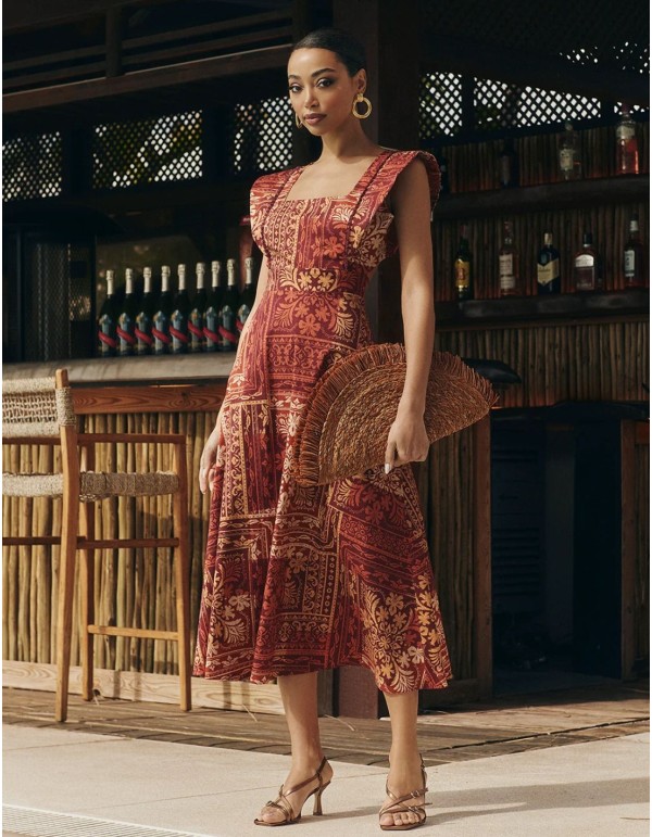 Vestido de invitada midi con estampado geométrico en tonos tierra