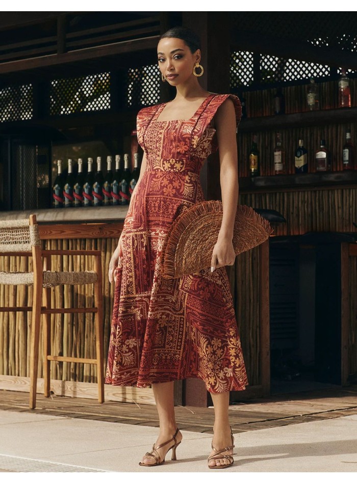Vestido de invitada midi con estampado geométrico en tonos tierra