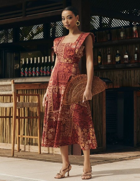 Robe midi d'invité à imprimé géométrique dans les tons de terre