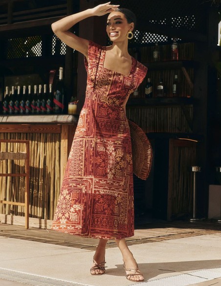 Geometric geometric print midi guest dress in earth tones