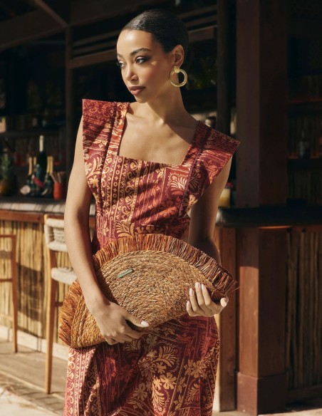 Geometric geometric print midi guest dress in earth tones