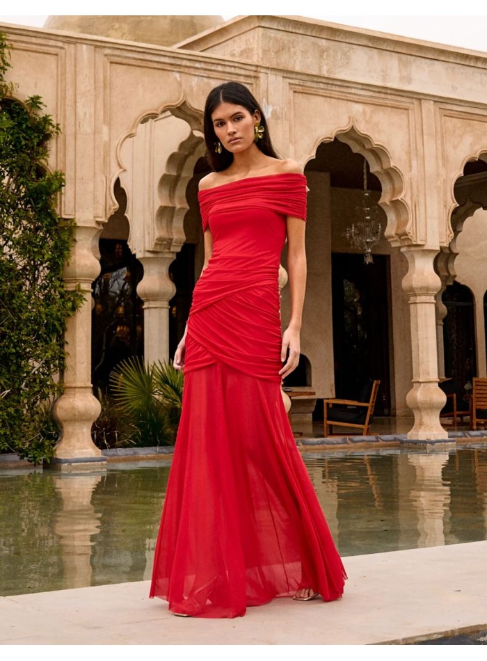 Long dress in red with draped bardot neckline
