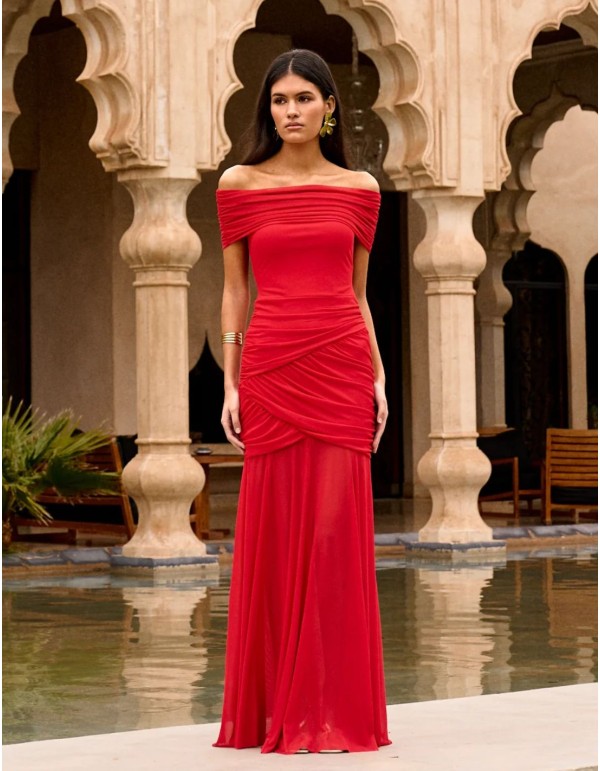 Long dress in red with draped bardot neckline