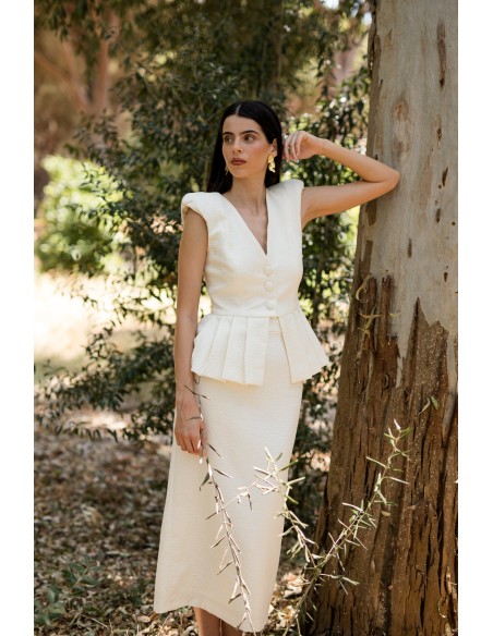 Mother's communion outfit with peplum top and midi skirt