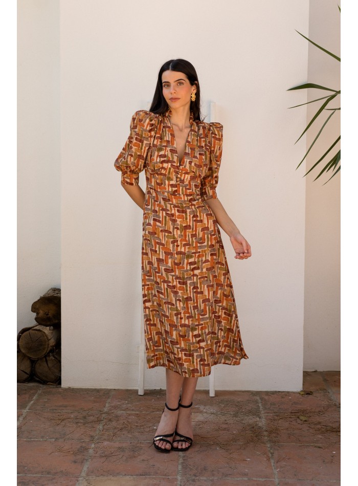 Robe midi à imprimé géométrique et décolleté en V