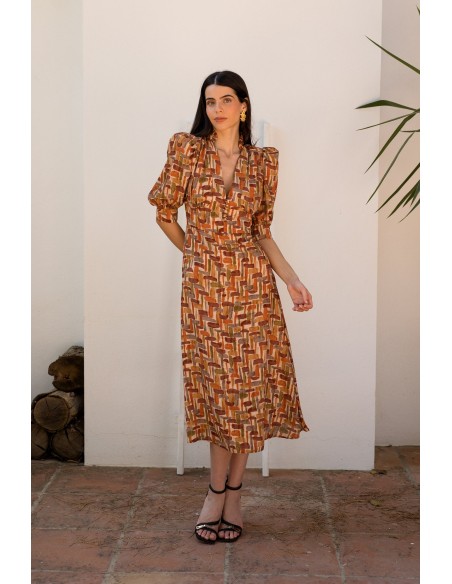 Robe midi à imprimé géométrique et décolleté en V
