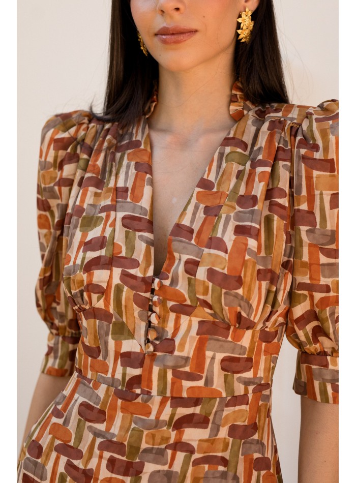 Vestido midi con estampado geométrico y escote...