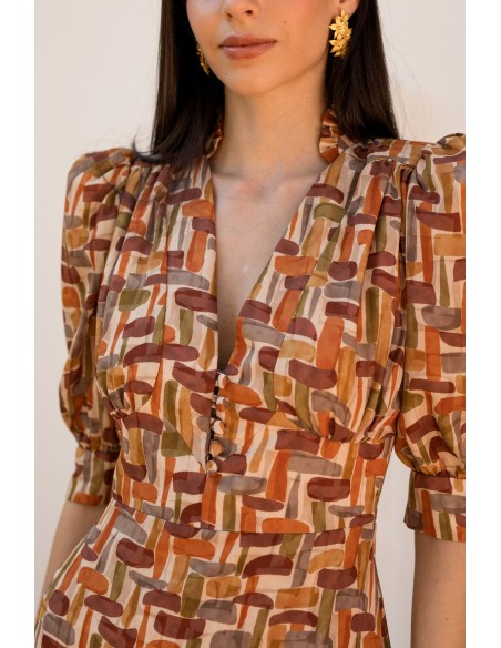 Midi dress with geometric print and V-neckline